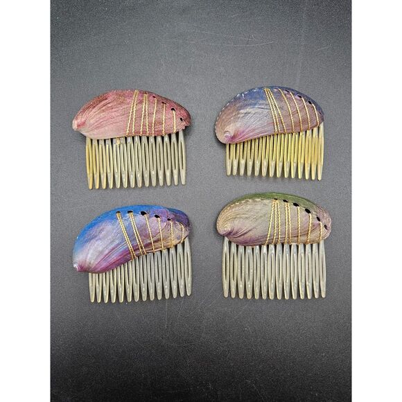 Vintage RARE Abalone Sea Shell Hair Combs Set of 4 Painted Donkeys Ear Shells - Picture 1 of 4